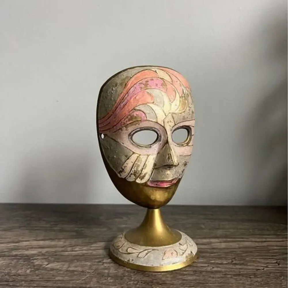 Vintage Multi-colored Painted Brass Standing Mask